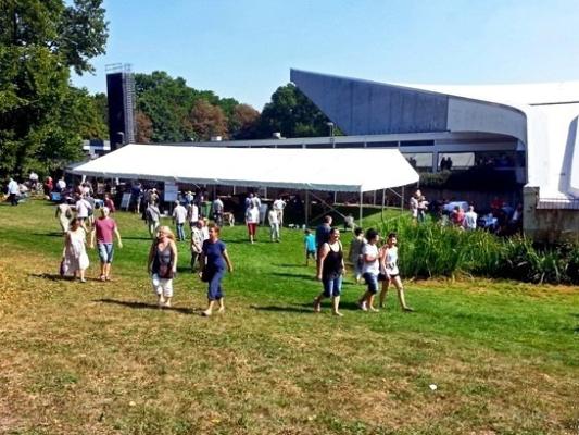 Arrivée des exposants sous la canicule (~ 40°) et, à gauche, ring couvert des boxers :